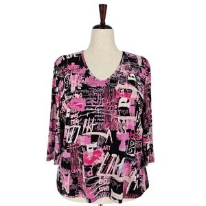 Nygard Collection Top Womens‎ 1X Pink Black Abstract Graffiti V-Neck 3/4 Sleeve